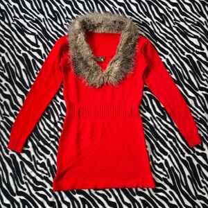 Red Sweater with Faux Fur Collar